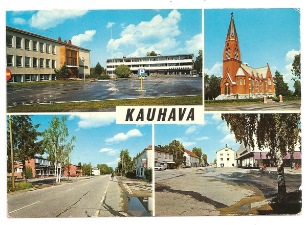 KAUHAVA
4 kuvan kortti. Yllä vasemmalla kunnantalo ja kerrostalo, oikealla kirkko. Alla vasemmalla Lauttamuksen raittia ja oikealla Lauttamusta, Osuuskaupan rakennus oikealla. Kuvan tuottaja Kurt Björklund. Kortti on kulkenut postissav. 1976, nimipäiväonnittelut.

