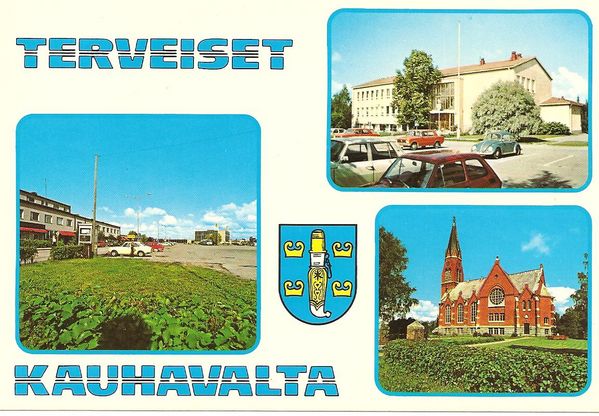 KAUHAVA
3 kuvan kollaasi. Kuvannut Henrik de Heij, kortin on tuottanut PR-kortti, no. 160174-1. Vasemmalla Lauttamuksen torialuetta, takana näkyy virastotalo. Oikealla ylhäällä kunnantalo, alhaalla kirkko. Lisänä kunnan vaakuna. Kortti on kulkenut postissa 1983, kilpailuvastaus syksyn säveleeseen Pernaalta.

