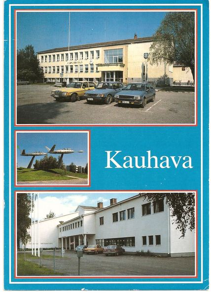 KAUHAVA
Kolmen kuvan kollaasi, kuvaaja Kalervo Puskala, tuottanut PR-kortti no. 160171, painettu Italiassa. Ylinnä kunnan-kaupungintalo, keskellä muistomerkki Fougat Ilmasotakoululla ja alinna Pohjanmaan Yrittäjäopisto, entinen Yhteiskoulu sijaitsi tässä.  Pernaalta ET-lehteen paras juttu, vuonna 1983.
