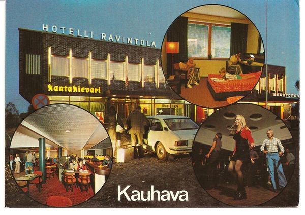 KAUHAVA
Hotelli ravintola Kantakievari Lauttamuksessa. 3 sisäkuvaa ympyröissä. Kortin on tuottanut Värisuomi Oy, no. 47002. Jaana-lehteen kilpailuvastaus v. 1985 Pellavakujalta.
