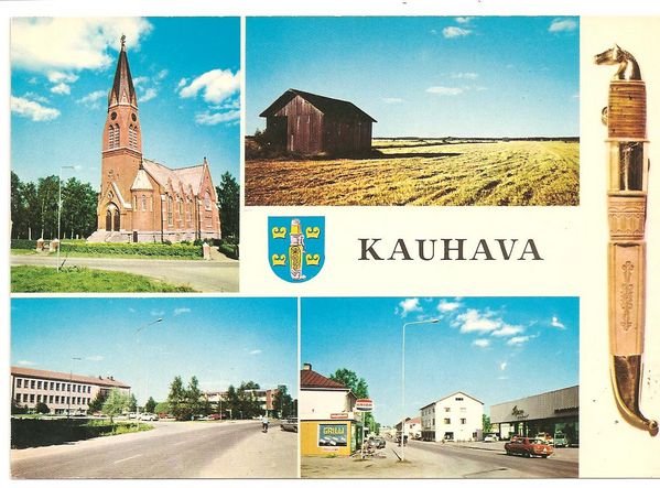 KAUHAVA
4 kuvan kollaasi. Kortin on tuottanut Mainos Varteva.  YlhÃ¤Ã¤llÃ¤ vasemmalla kirkko, oikealla latomerta. Alhaalla vasemmalla kunnantalo ja kerrostalo, oikealla Lauttamusta Kauppatien-Fransuntien liittymÃ¤stÃ¤, Osuuskaupan marketti oikeassa reunassa. LisÃ¤nÃ¤ vaakuna ja jÃ¤rvenpÃ¤Ã¤lÃ¤inen. Postitettu Poriin 1977, terveiset pitkÃ¤puukkoisten maasta.
