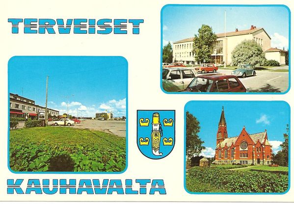 KAUHAVA
3 kuvan kollaasi. Kuvannut Henrik de Heij, kortin on tuottanut PR-kortti, no. 160174-1. Vasemmalla Lauttamuksen torialuetta, takana nÃ¤kyy virastotalo. Oikealla ylhÃ¤Ã¤llÃ¤ kunnantalo, alhaalla kirkko. LisÃ¤nÃ¤ kunnan vaakuna. Kortti on kulkenut postissa 1983, kilpailuvastaus syksyn sÃ¤veleeseen Pernaalta.
