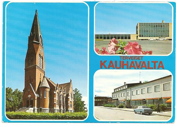 KAUHAVA
3 kuvan kollaasi, kuvannut Dino Sassi, tuottaja PR-kortti, no. 10-17-002. Kirkko, oikealla yllÃ¤ virastotalo torin pohjoislaidassa Lauttamuksessa ja alla Nurmen liiketalo, takana SÃ¤Ã¤stÃ¶pankki. Kortti kulkenut ISK:n pojalta Marjolle Pohjoiseen eli taitaa kylÃ¤ olla Hauhon pitÃ¤jÃ¤Ã¤.
