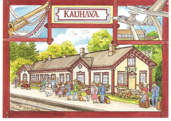 KAUHAVA
Asema, piirros Marja-Liisa PitkÃ¤ranta -98. YlÃ¤kuvissa tuppiroska ja Fougat. Painatus Kirjapaino Jalkanen Oy. Leo Kuutti Kettulasta on ilmeisesti kustantanut kortin, koska nimi nÃ¤kyy takana matkalaukussa. Ei ole kulkenut postissa.
