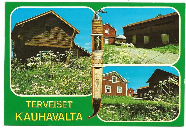 KAUHAVA
Terveiset Iisakin Jussin tuvalta eli Kauhavan kotiseutumuseolta. Kuvissa museon rakennuksia. Kuvaaja Dino Sassi, tuottaja PR-kortti no. 10-17-001. Postitettu HerrasvÃ¤ki Sulamalle Ouluun -78, useita tervehtijÃ¶itÃ¤.
