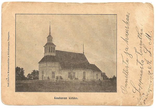 KAUHAVA
Kauhavan vanha kirkko. Isak Julinin Kirjakauppa Tampereella on julkaissut kortin noin v. 1900. Nyrkkipostia, saaja K. Neiti Hilma MyllÃ¤ri, JÃ¤rvenpÃ¤Ã¤, Jurva. Sivussa teksti: "Onnellista ja hauskaa Loppiaasta toivottaa A. L. M. "
