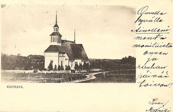 KAUHAVA
Kauhavan vanha kirkko. Kuva on otettu lounaispuolelta. Kortti on postitettu v. 1910 JyvÃ¤skylÃ¤n Seminaariin: K. Neiti Aino BÃ¤rman. Tervehdysteksti etusivulla kuuluu: "Omalle hyvÃ¤lle Ainolleni monta monituista onnen ja rauhan pÃ¤ivÃ¤Ã¤ toivon ! Sinun Marisi."
