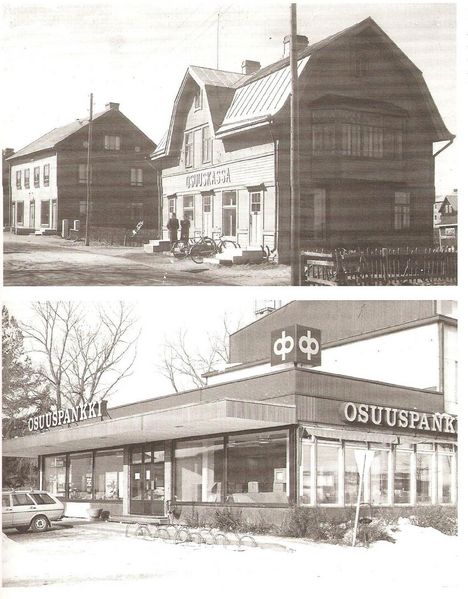 KAUHAVA
YllÃ¤ Kauhavan Osuuskassan ensimmÃ¤inen oma talo Lauttamuksessa. Talo hankittiin v. 1941. Kassa perustettiin v. 1925, siihen liitettiin v. 1938 aikaisemmin perustetut AlakylÃ¤n (1910), Hirvijoen (1914) ja MÃ¤enpÃ¤Ã¤n (1915) osuuskassat. Alla Osuuspankiksi nimensÃ¤ muuttaneen pankin nykyinen toimitalo, rakennettu 1960. 
Vanhassa kuvassa on Martti Nurmen aikanaan omistama talo, tÃ¤mÃ¤n talon yrittÃ¤jiÃ¤ on selostettu muussa kuvassa.
